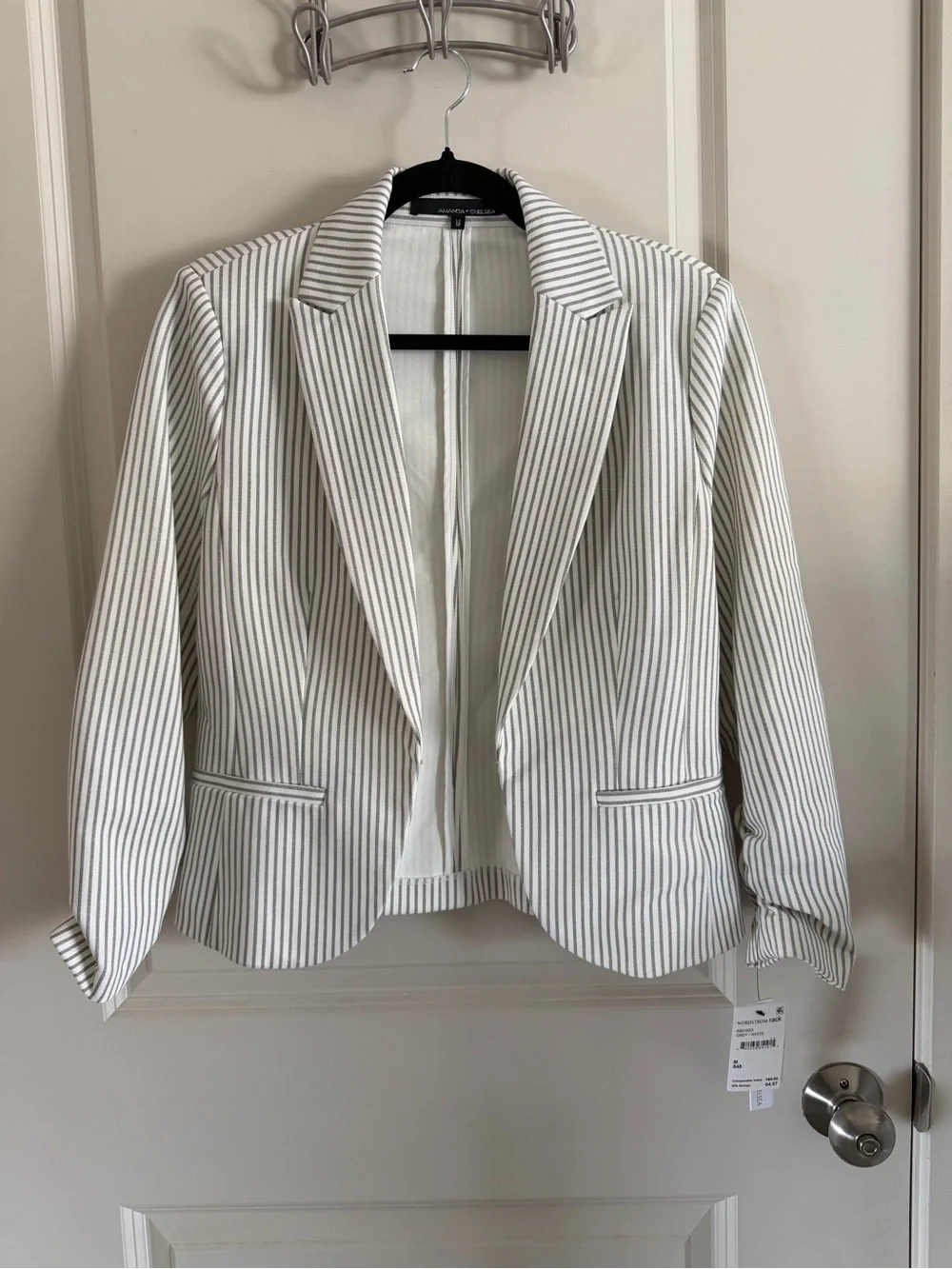 Amanda & Chelsea White Blazer with Gray Pinstripes